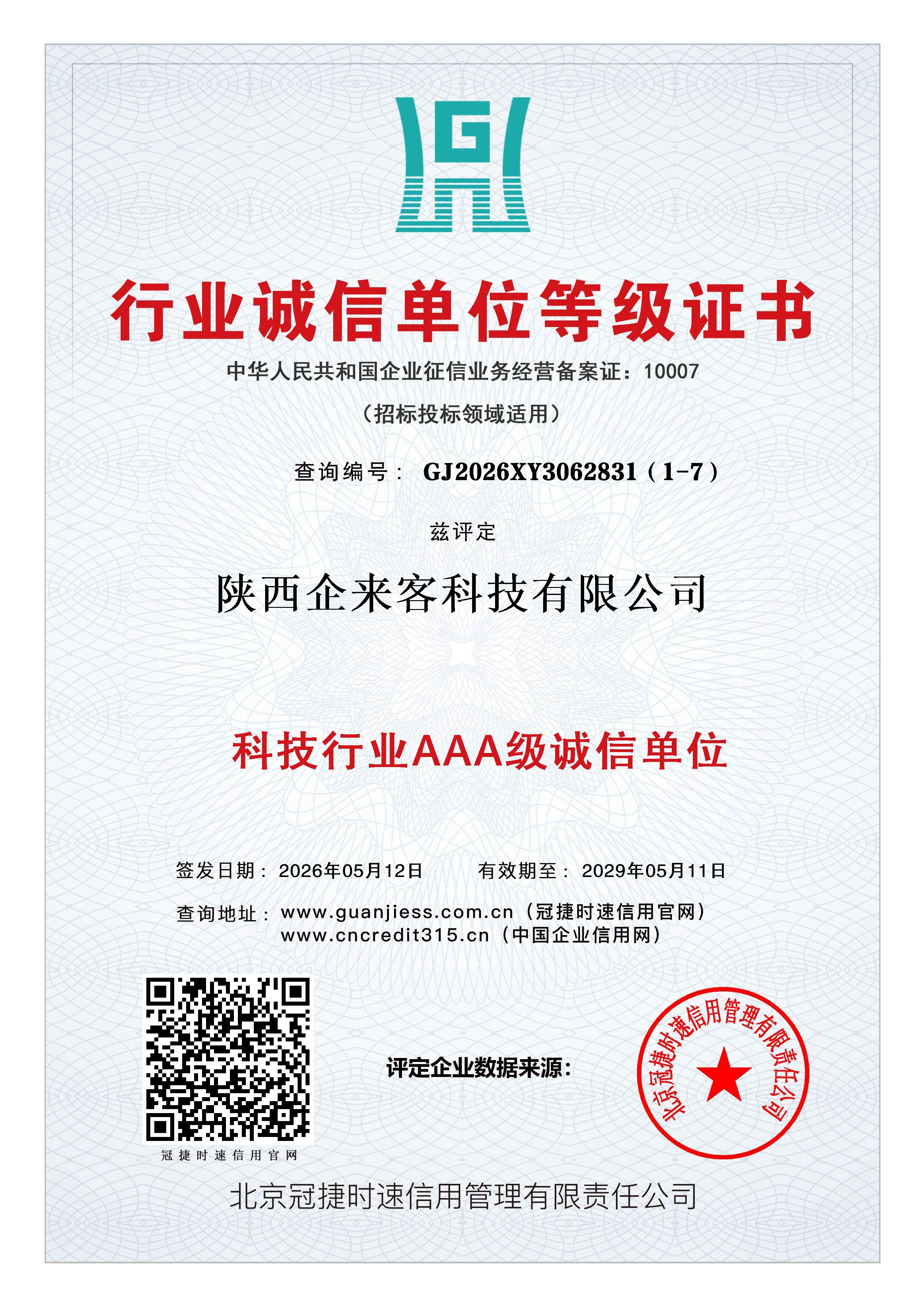 行业诚信单位证书